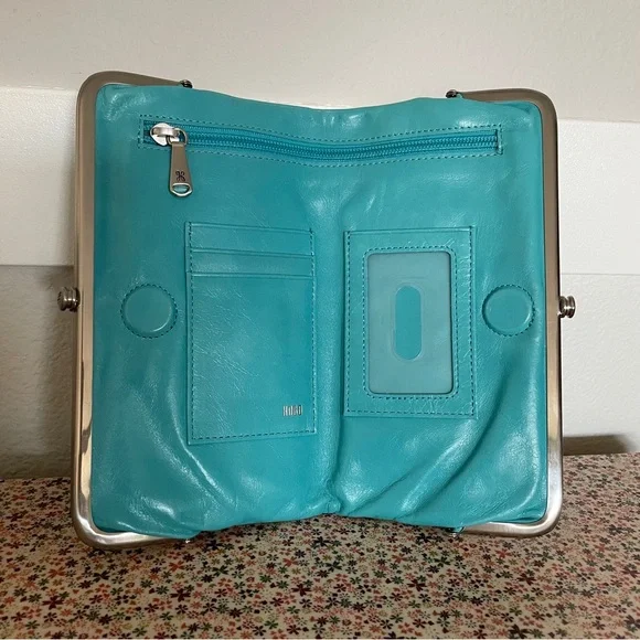 HOBO Leather Lauren Clutch in a Light Aqua,Turquoise Blue with Dust Bag - Picture 4 of 10